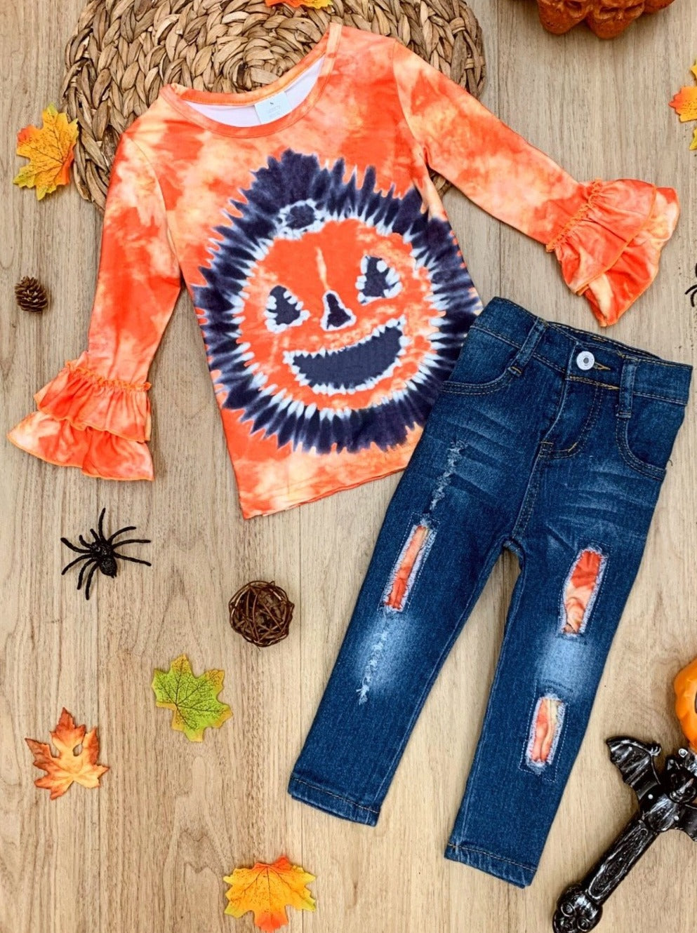 Mia Belle Girls Pumpkin Pigment Ruffled Sleeve Top and Patched Jeans Set SpadezStore