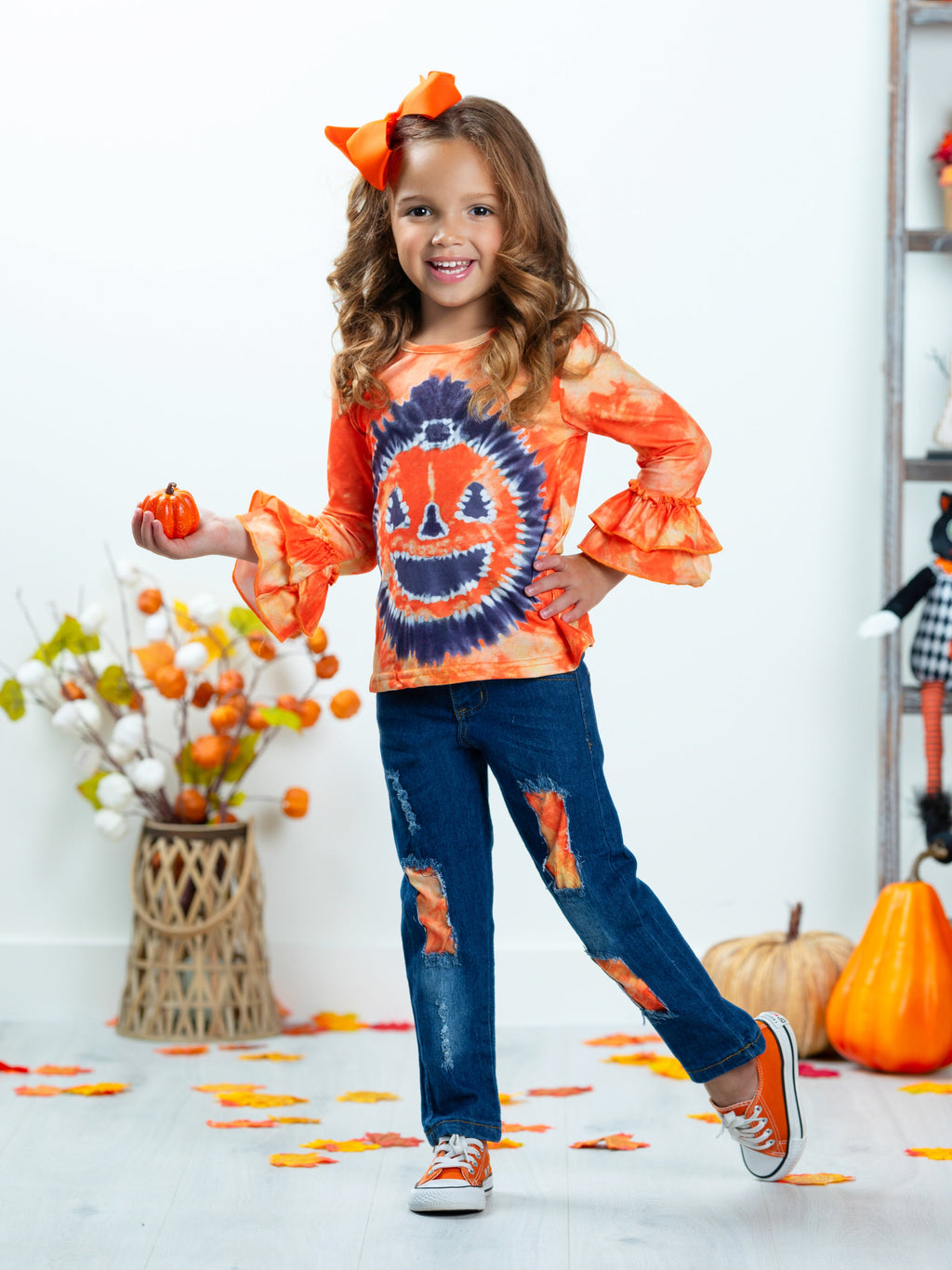 Mia Belle Girls Pumpkin Pigment Ruffled Sleeve Top and Patched Jeans Set SpadezStore
