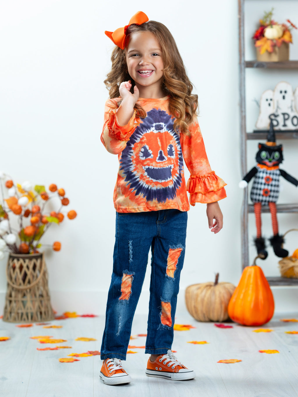 Mia Belle Girls Pumpkin Pigment Ruffled Sleeve Top and Patched Jeans Set SpadezStore