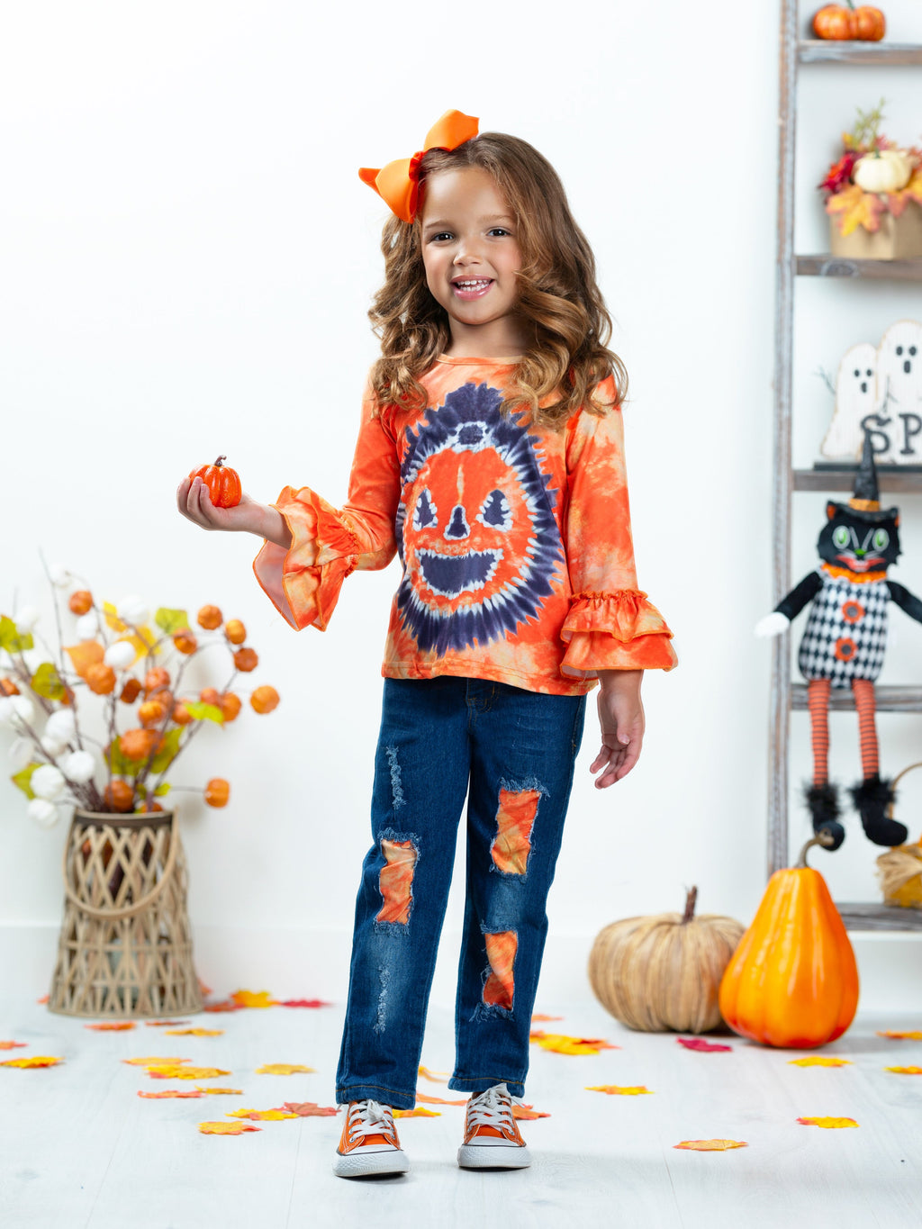 Mia Belle Girls Pumpkin Pigment Ruffled Sleeve Top and Patched Jeans Set SpadezStore