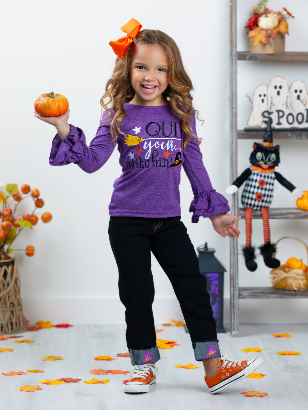 Mia Belle Girls Quit Your Witchin' Top and Cuffed Jeans Set SpadezStore