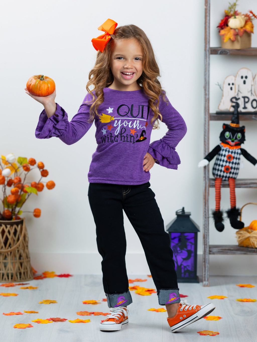 Mia Belle Girls Quit Your Witchin' Top and Cuffed Jeans Set SpadezStore