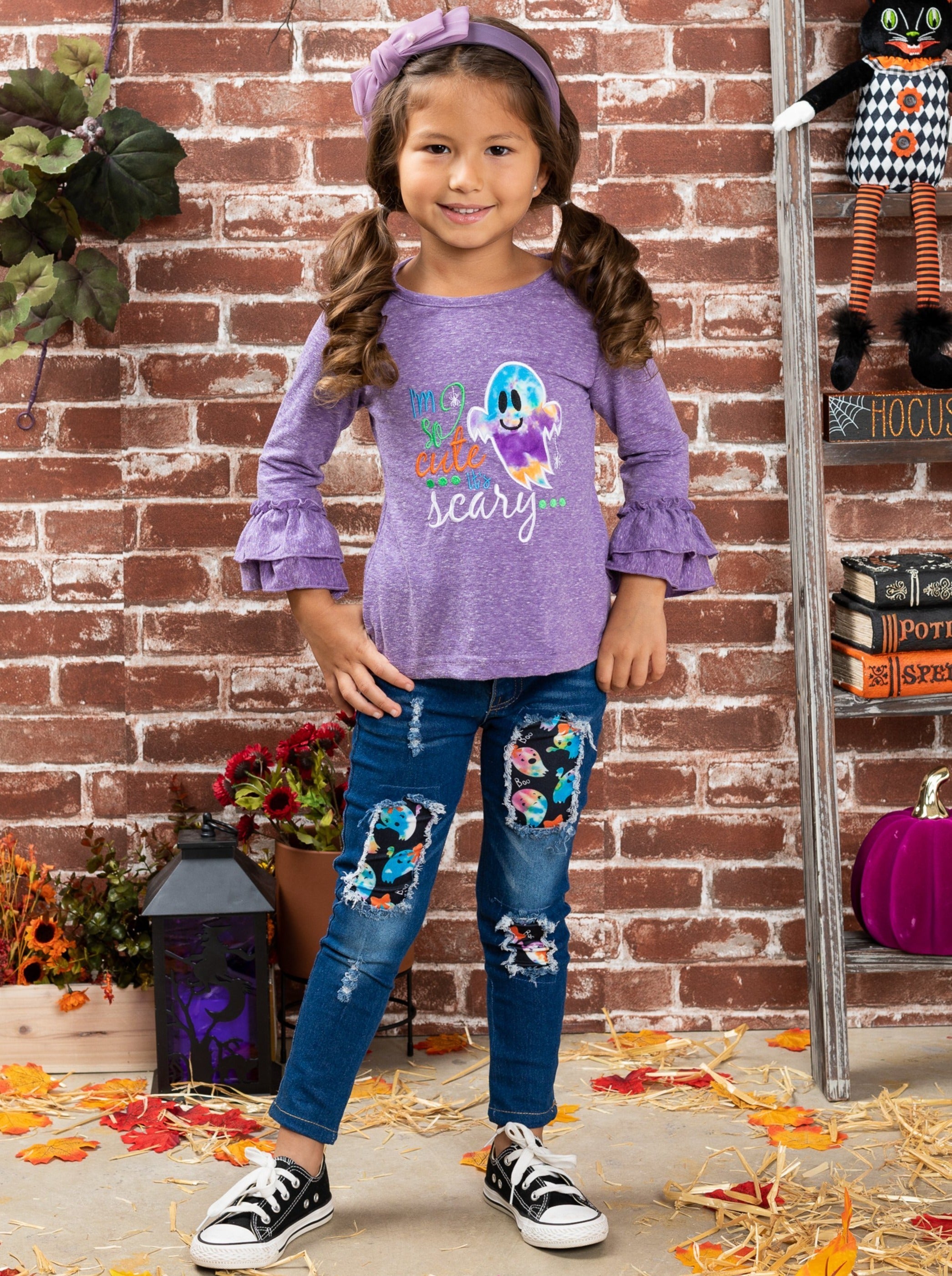 Mia Belle Girls So Cute It's Scary Top and Patched Jeans Set SpadezStore