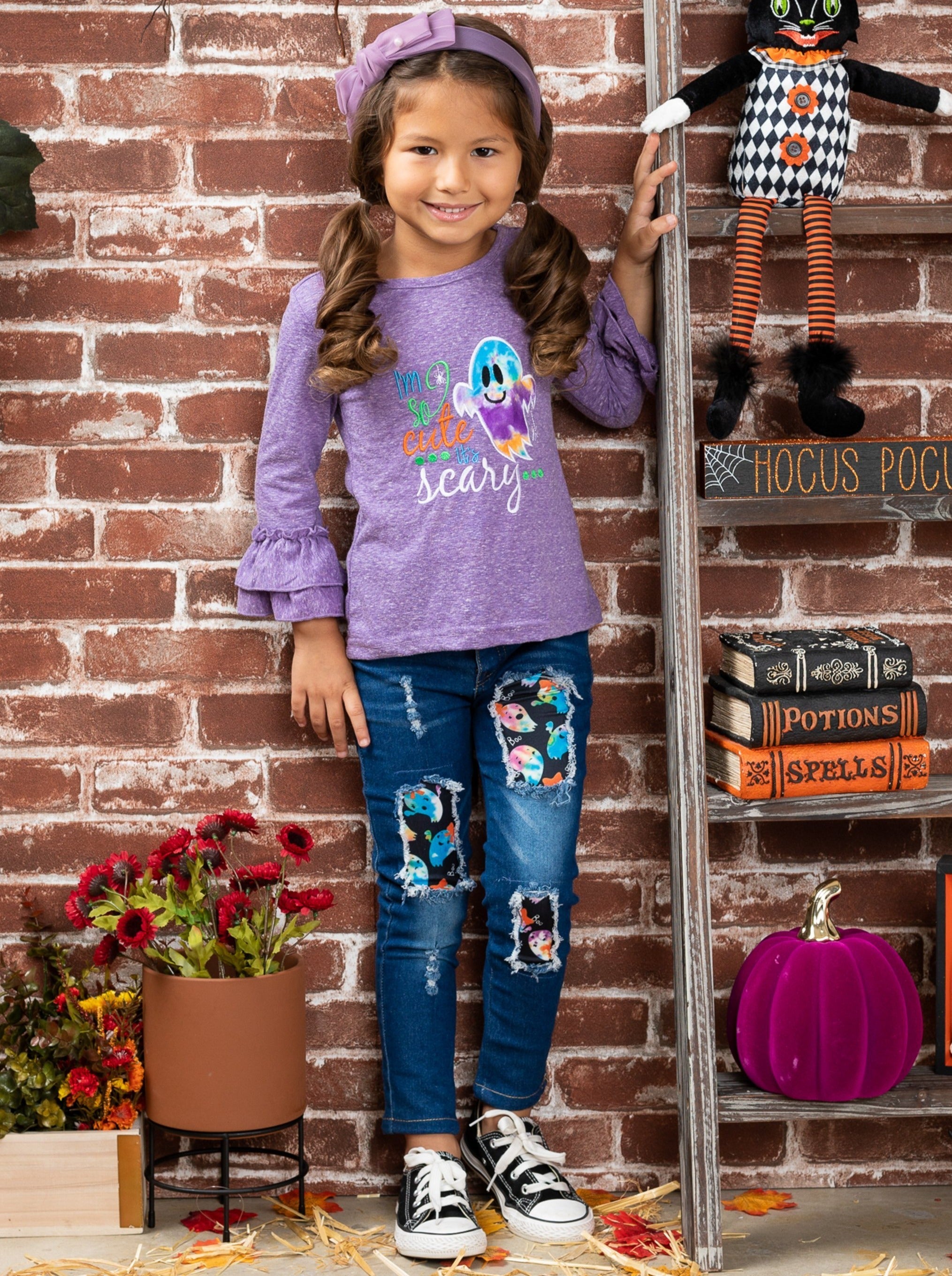 Mia Belle Girls So Cute It's Scary Top and Patched Jeans Set SpadezStore