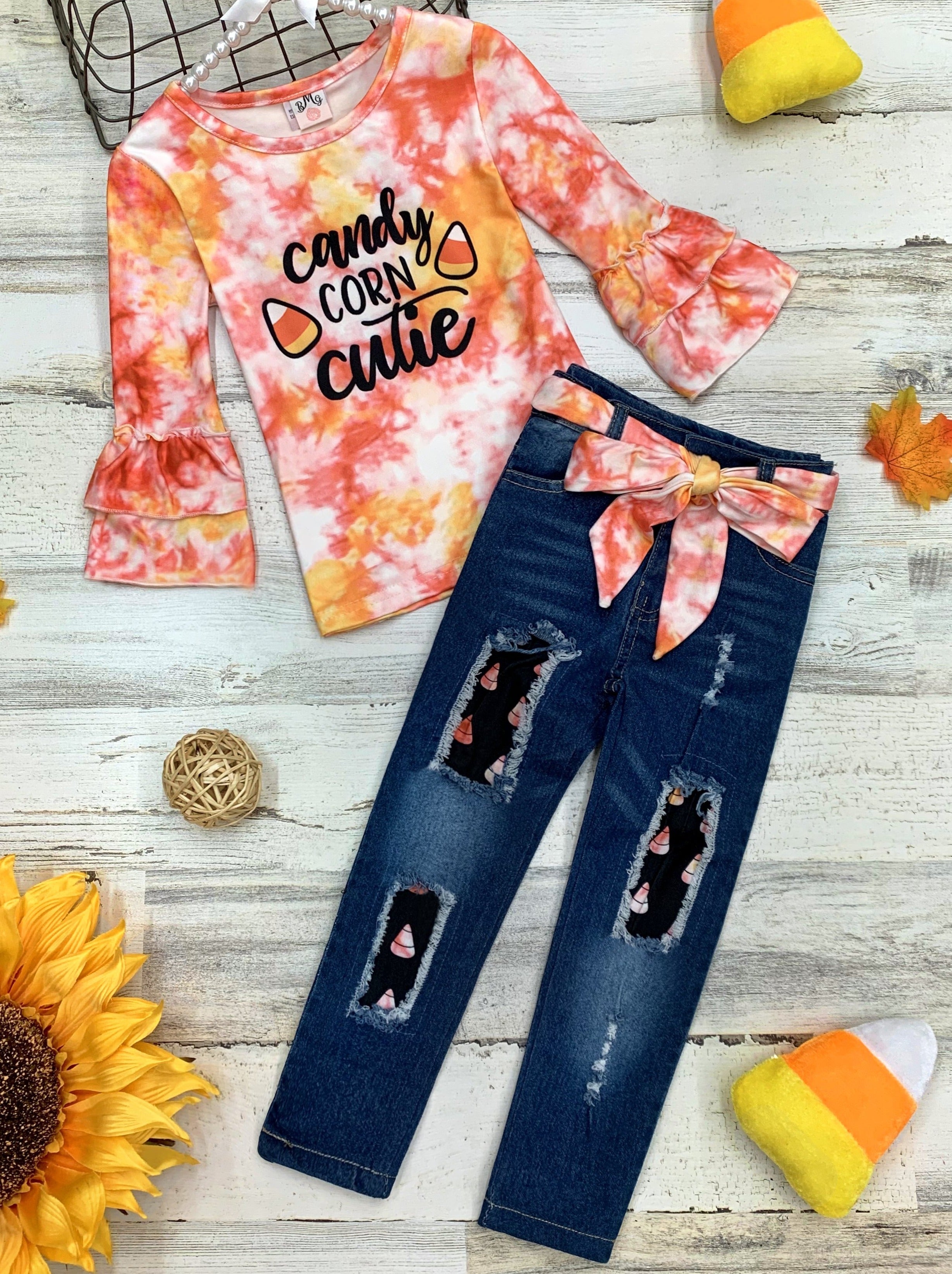 Mia Belle Girls Candy Corn Cutie Top and Patched Jeans Set SpadezStore