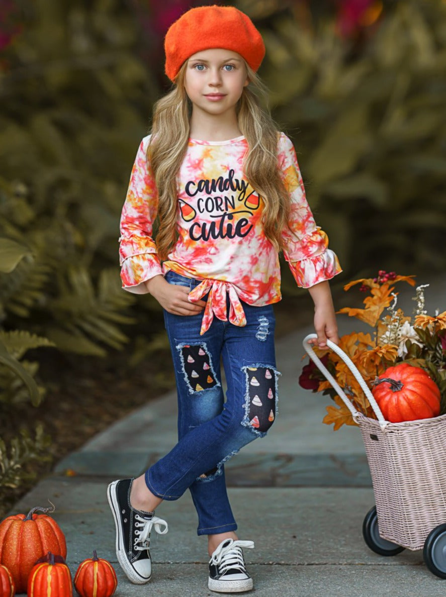 Mia Belle Girls Candy Corn Cutie Top and Patched Jeans Set SpadezStore