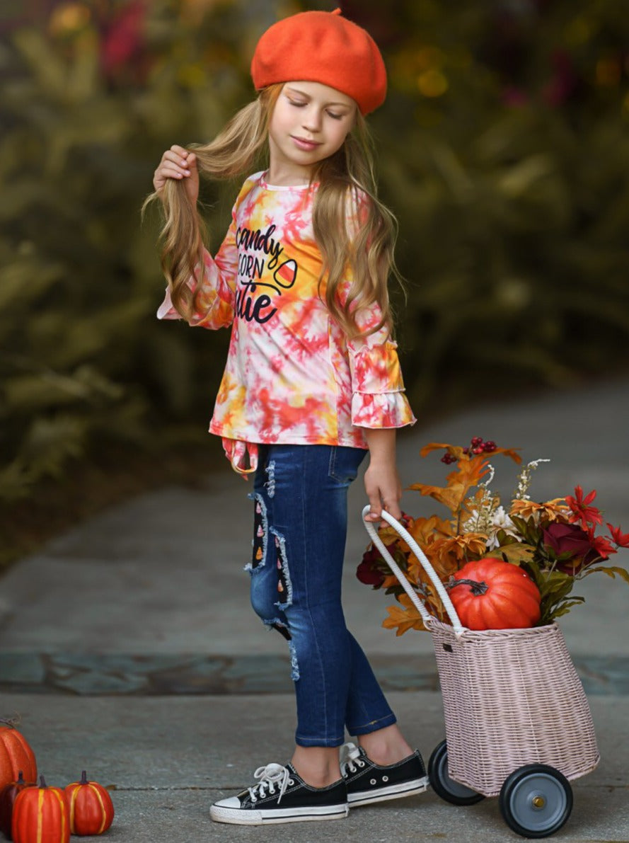 Mia Belle Girls Candy Corn Cutie Top and Patched Jeans Set SpadezStore