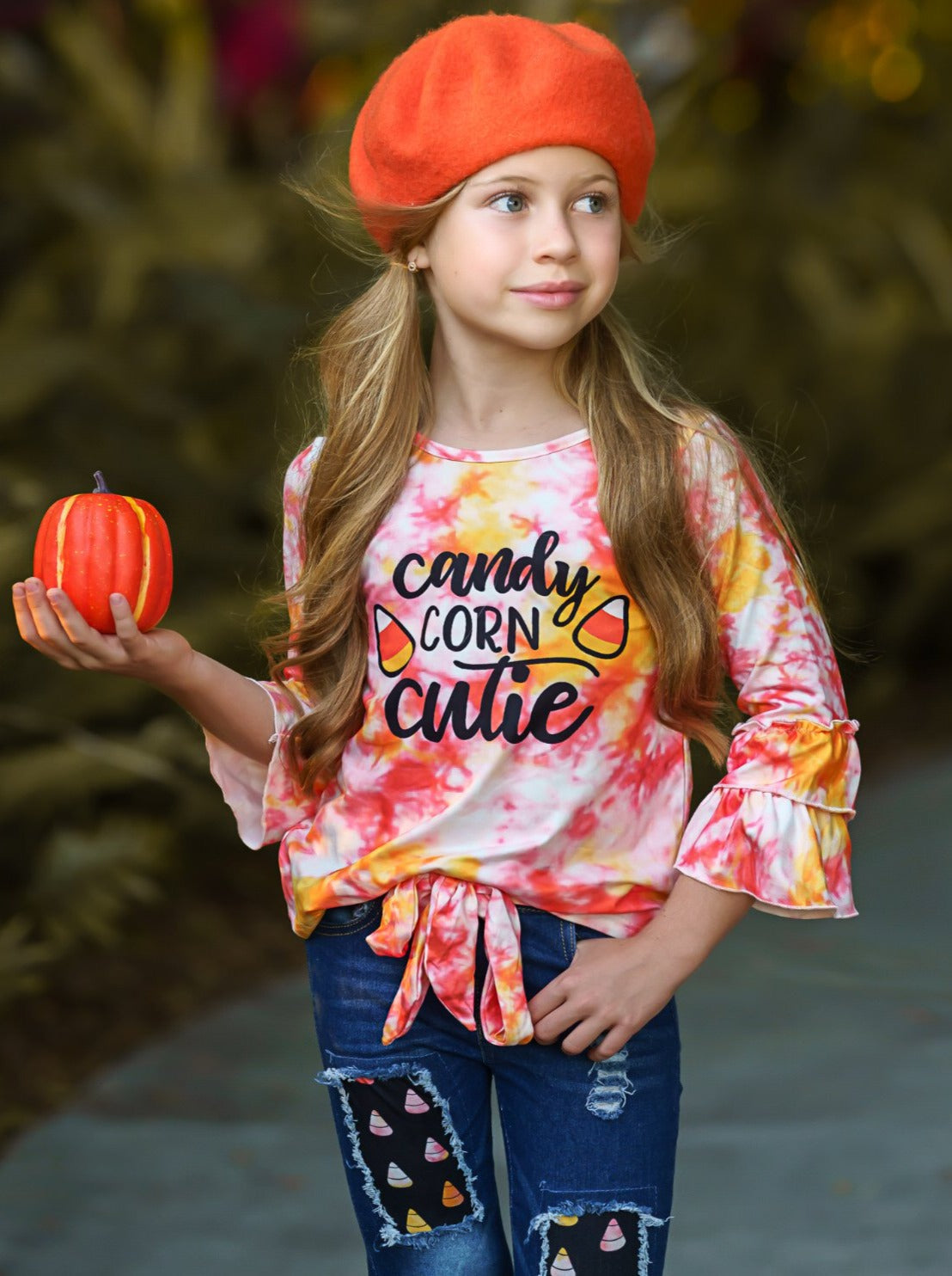 Mia Belle Girls Candy Corn Cutie Top and Patched Jeans Set SpadezStore