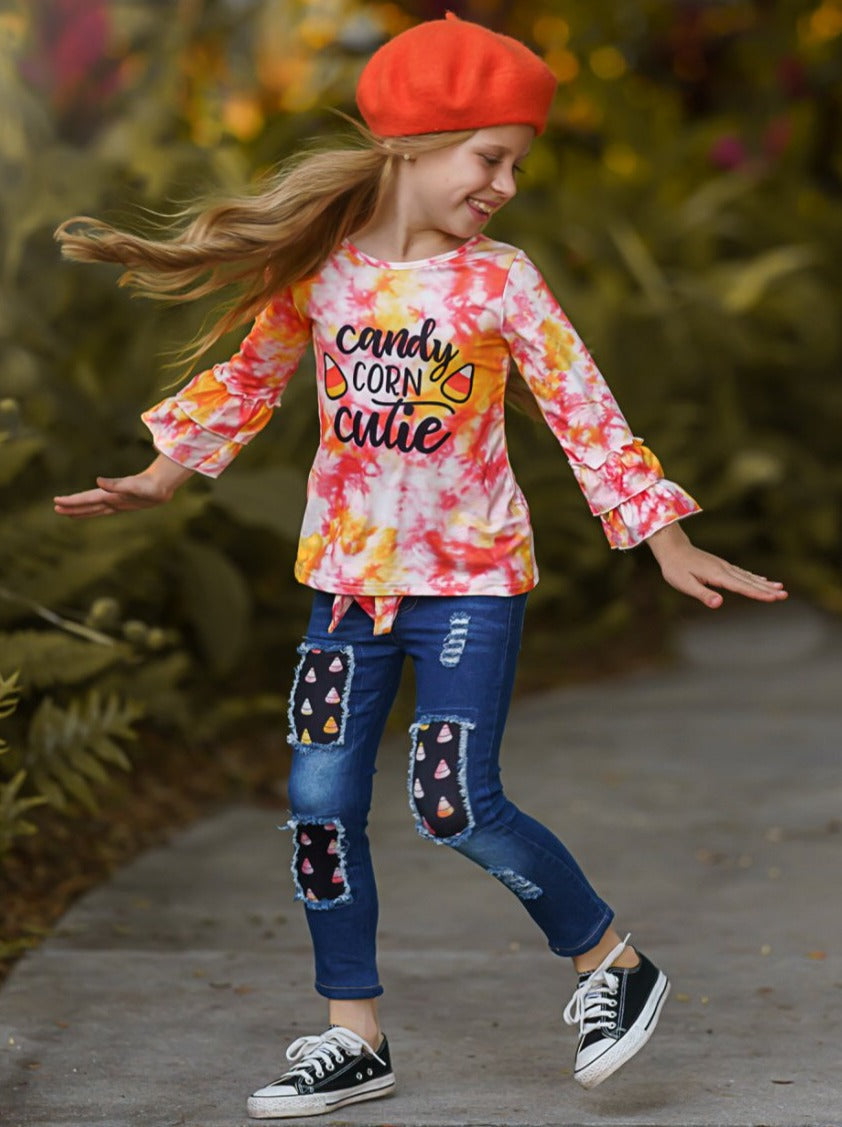 Mia Belle Girls Candy Corn Cutie Top and Patched Jeans Set SpadezStore