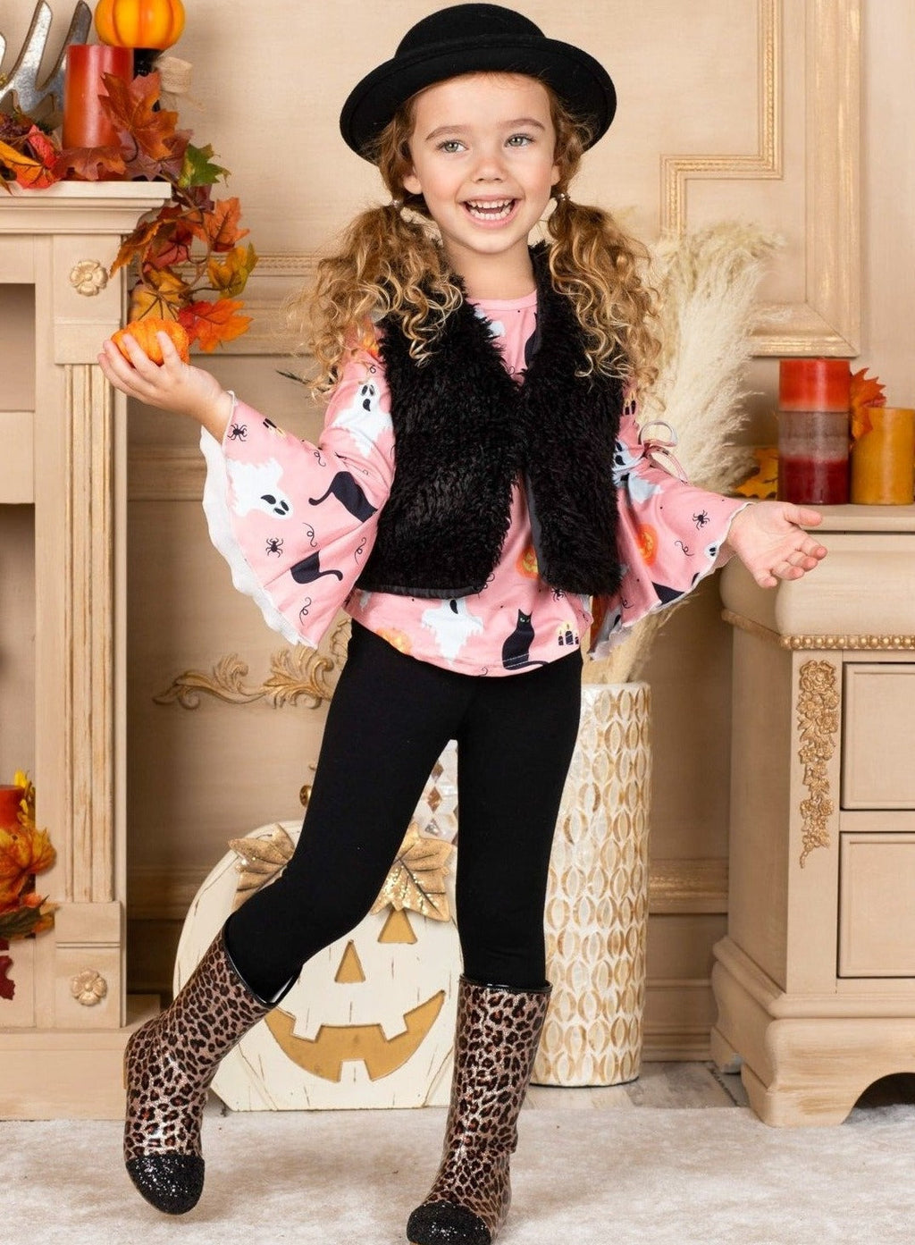 Mia Belle Girls UnBOOlieveable Tunic, Faux Fur Vest and Legging Set SpadezStore