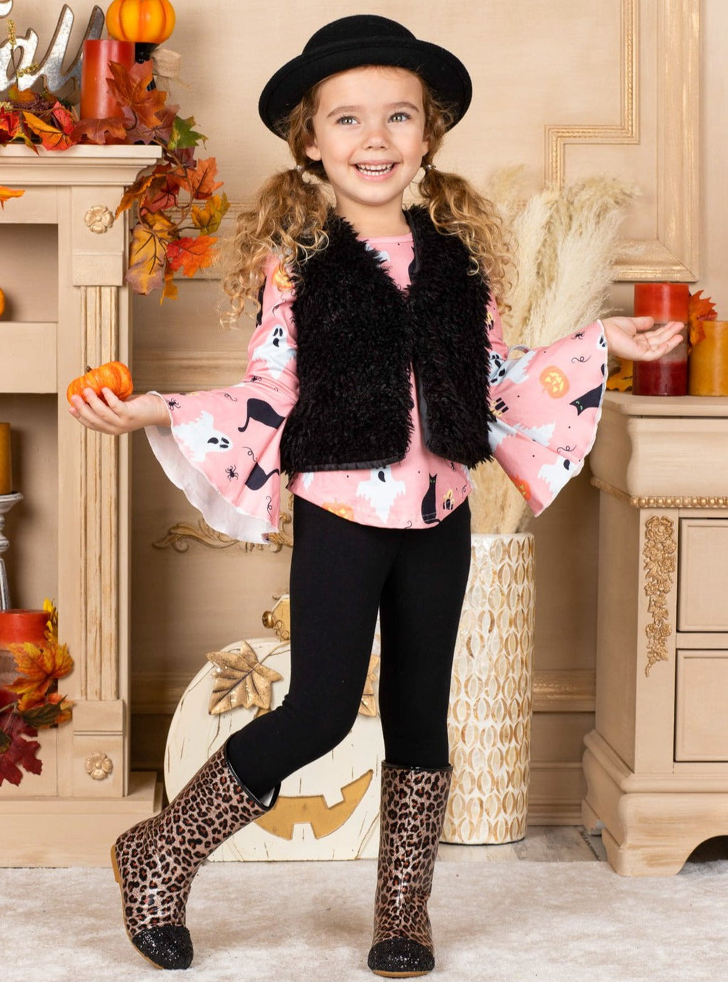 Mia Belle Girls UnBOOlieveable Tunic, Faux Fur Vest and Legging Set SpadezStore
