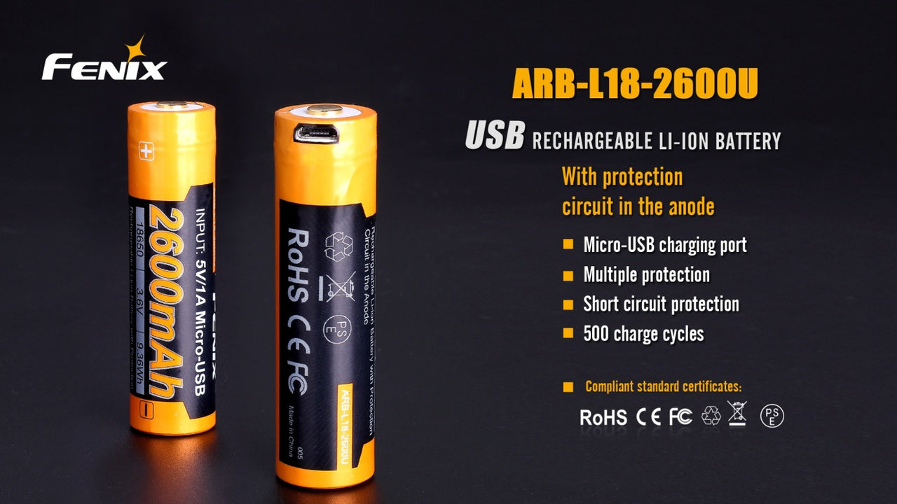 Fenix ARB-L18-2600U USB Rechargeable Li-ion 18650 Battery SpadezStore