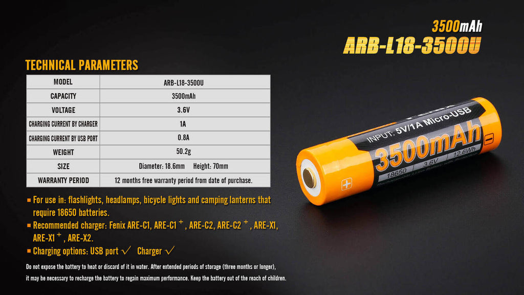 Fenix ARB-L18-3500U USB Rechargeable Li-ion 18650 Battery SpadezStore