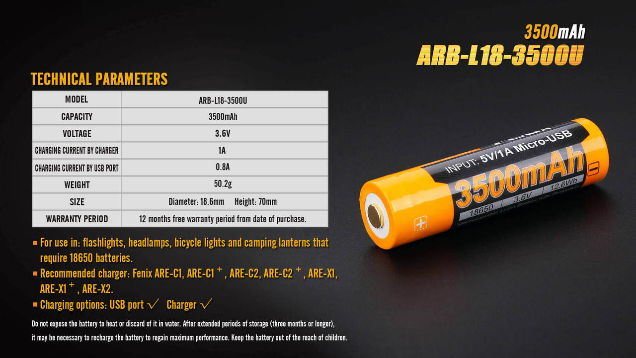 Fenix ARB-L18-3500U USB Rechargeable Li-ion 18650 Battery SpadezStore