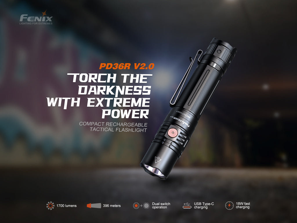 Fenix PD36R V2 Compact Rechargeable Tactical Flashlight - 1700 Lumens SpadezStore