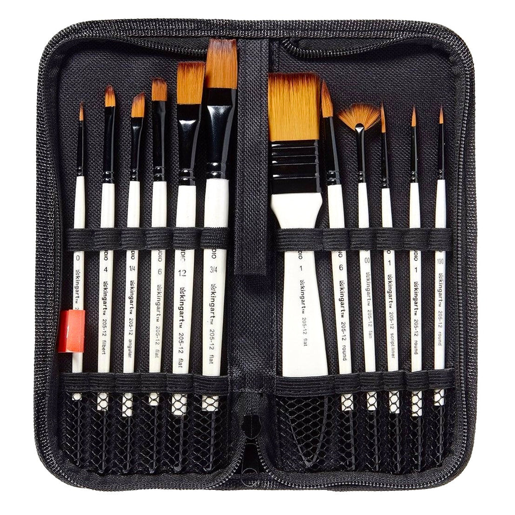 KINGART Studio Gold Nylon Brush Set - Acrylic & Watercolor - 12 Piece