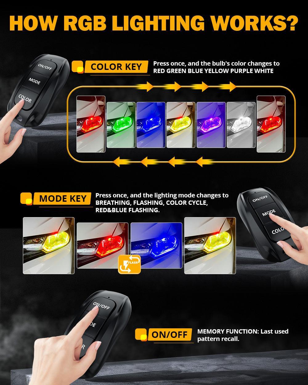 Auxbeam H4/9003 RGB LED Headlight Bulbs/DRL/Fog Light R7 Series 70W 25000LM 6500K Cool White + RGB Remote Control | 2 Bulbs
