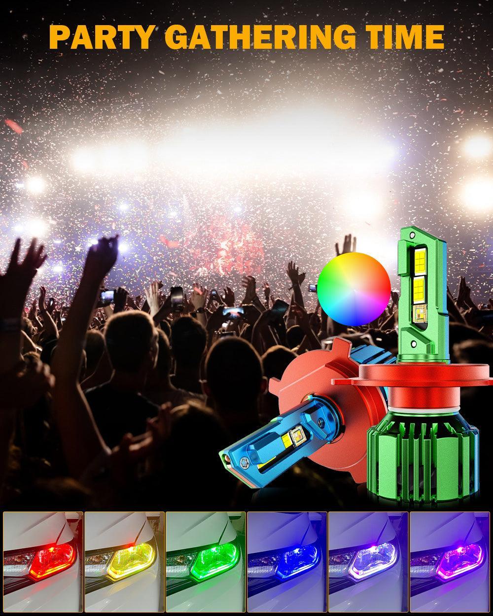 Auxbeam H4/9003 RGB LED Headlight Bulbs/DRL/Fog Light R7 Series 70W 25000LM 6500K Cool White + RGB Remote Control | 2 Bulbs