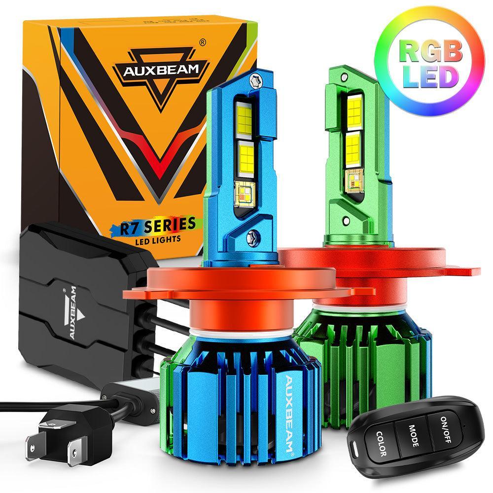 Auxbeam H4/9003 RGB LED Headlight Bulbs/DRL/Fog Light R7 Series 70W 25000LM 6500K Cool White + RGB Remote Control | 2 Bulbs