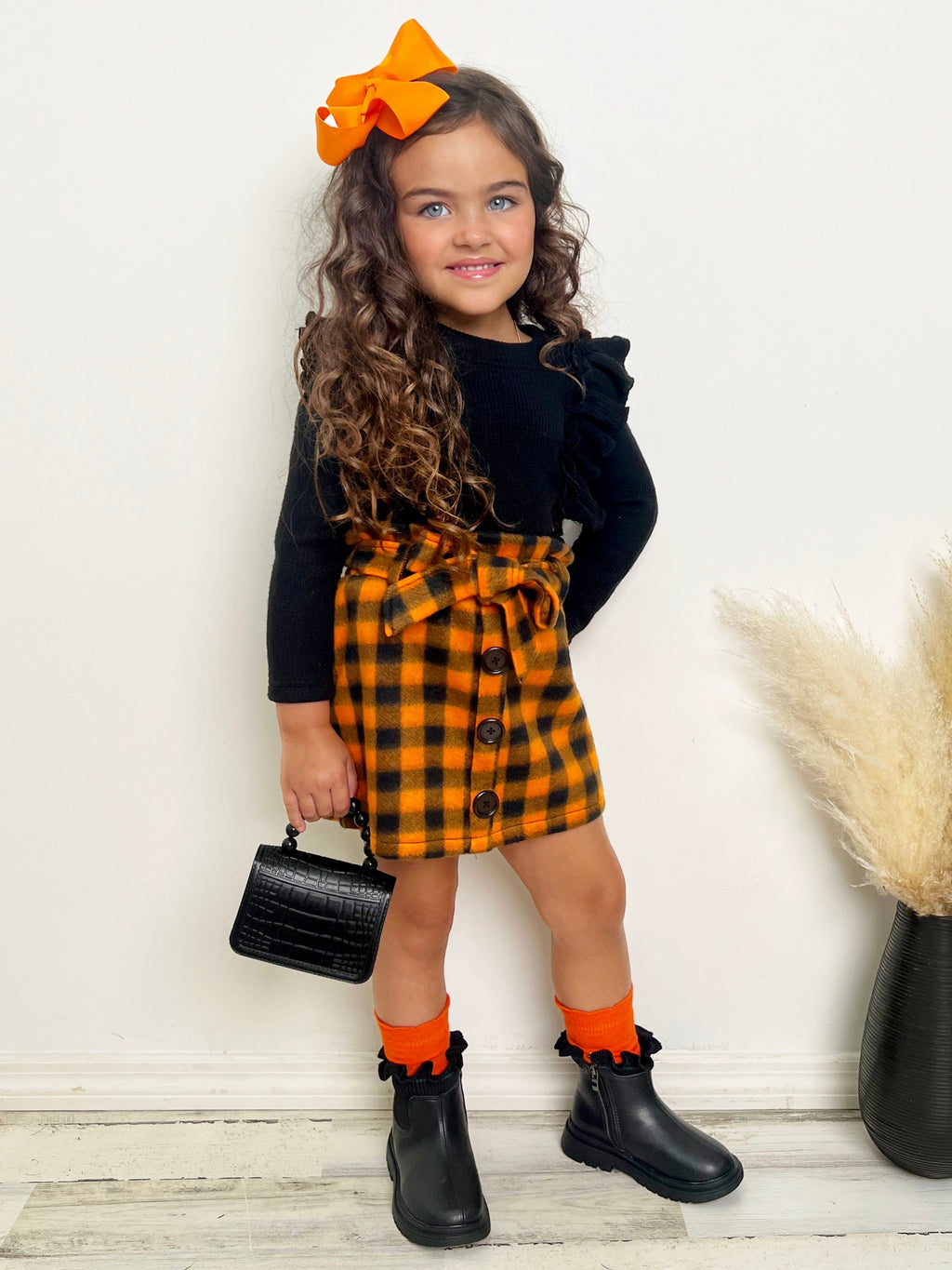 Mia Belle Girls Feels Like Fall Ruffled Top and Checkered Skirt Set SpadezStore