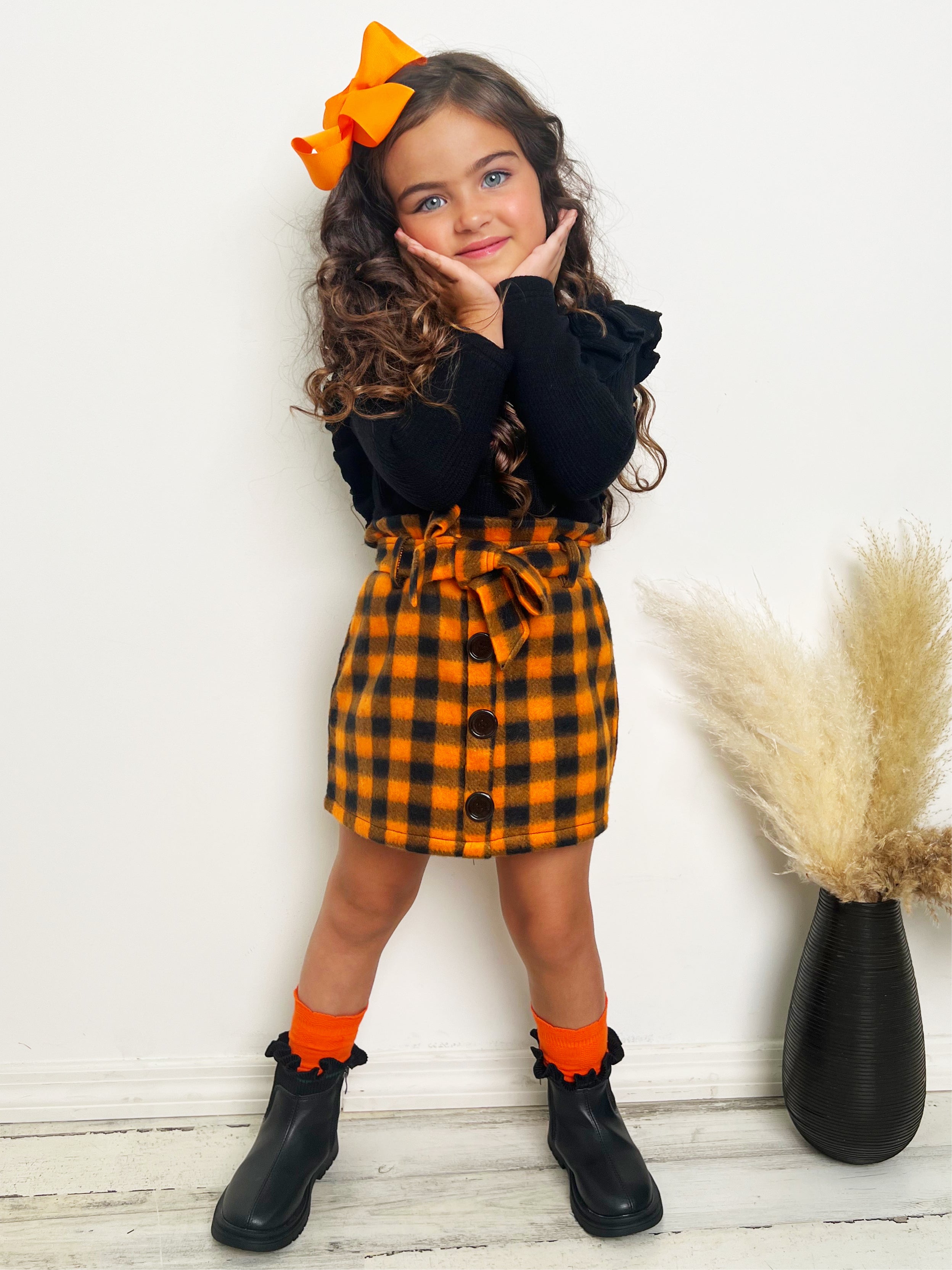 Mia Belle Girls Feels Like Fall Ruffled Top and Checkered Skirt Set SpadezStore