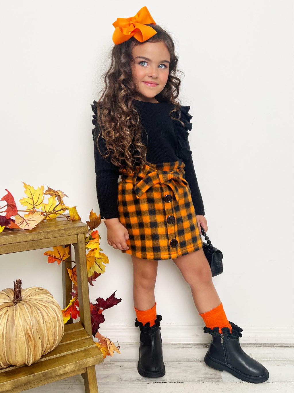 Mia Belle Girls Feels Like Fall Ruffled Top and Checkered Skirt Set SpadezStore