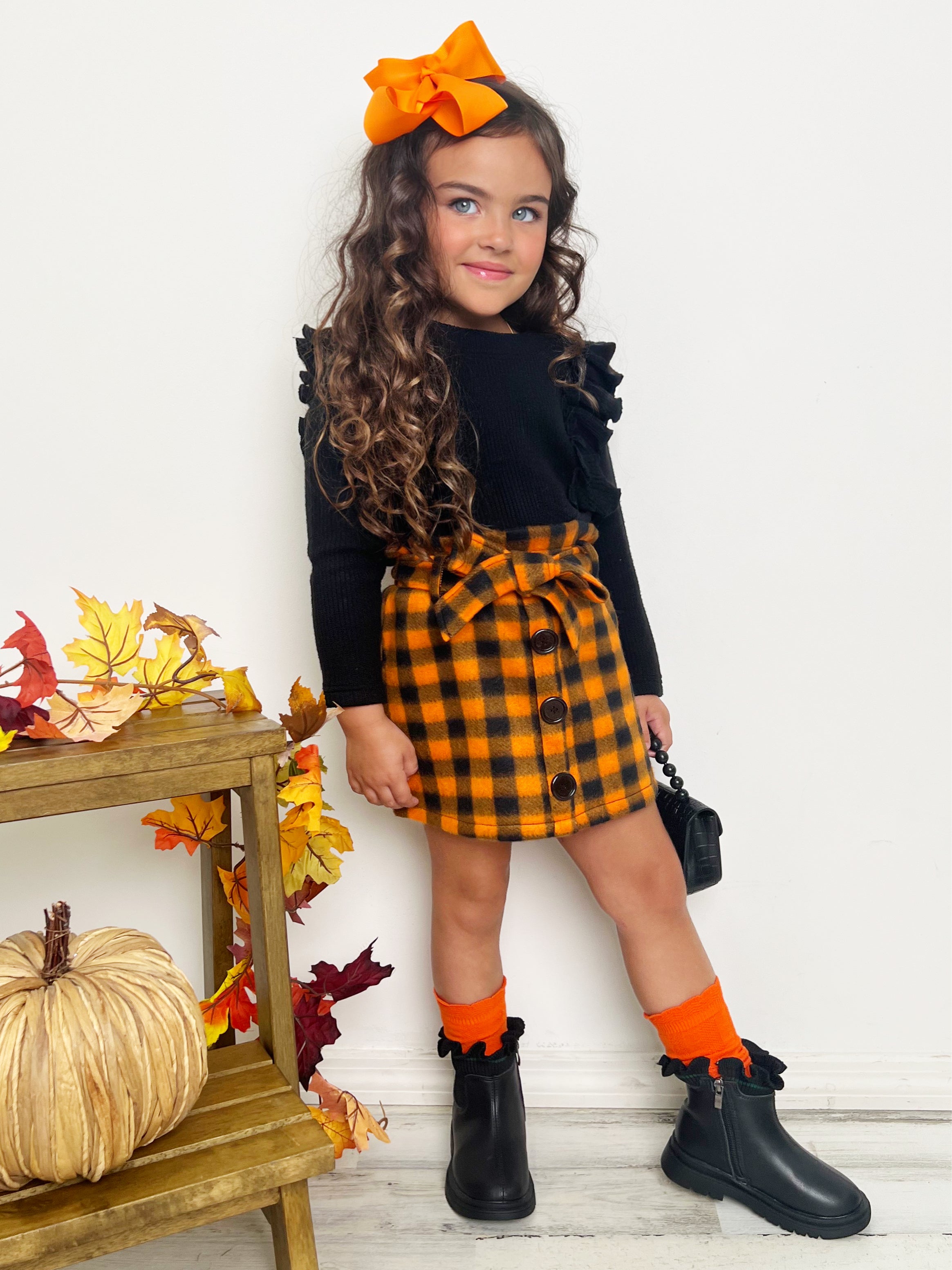 Mia Belle Girls Feels Like Fall Ruffled Top and Checkered Skirt Set SpadezStore