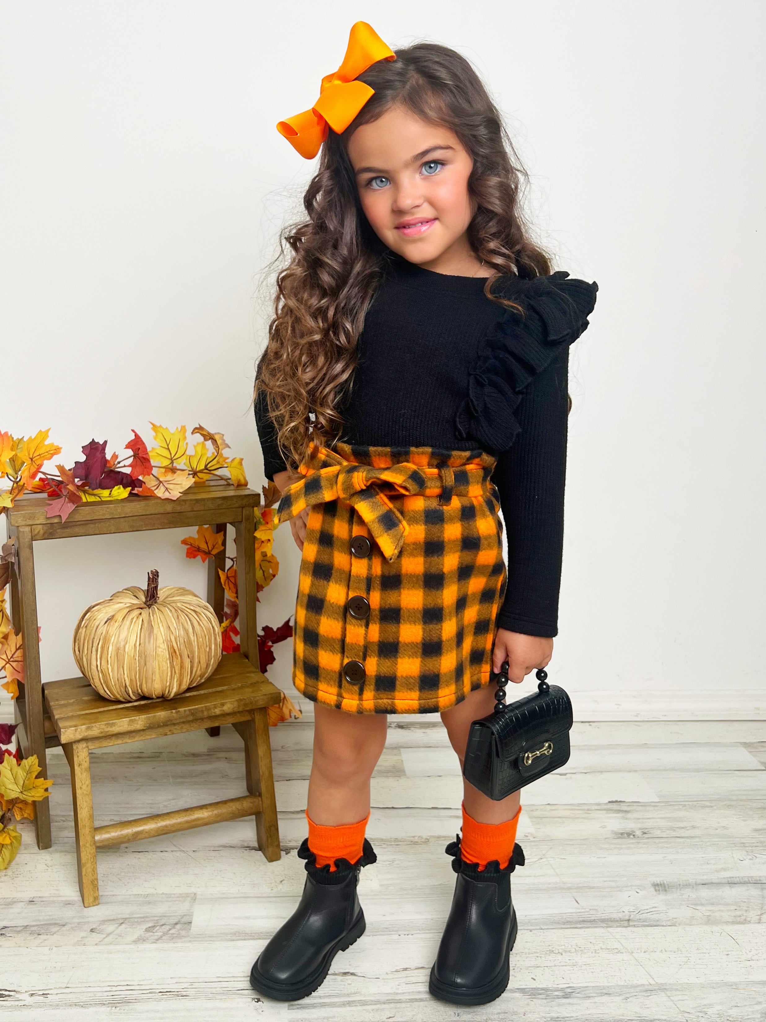 Mia Belle Girls Feels Like Fall Ruffled Top and Checkered Skirt Set SpadezStore