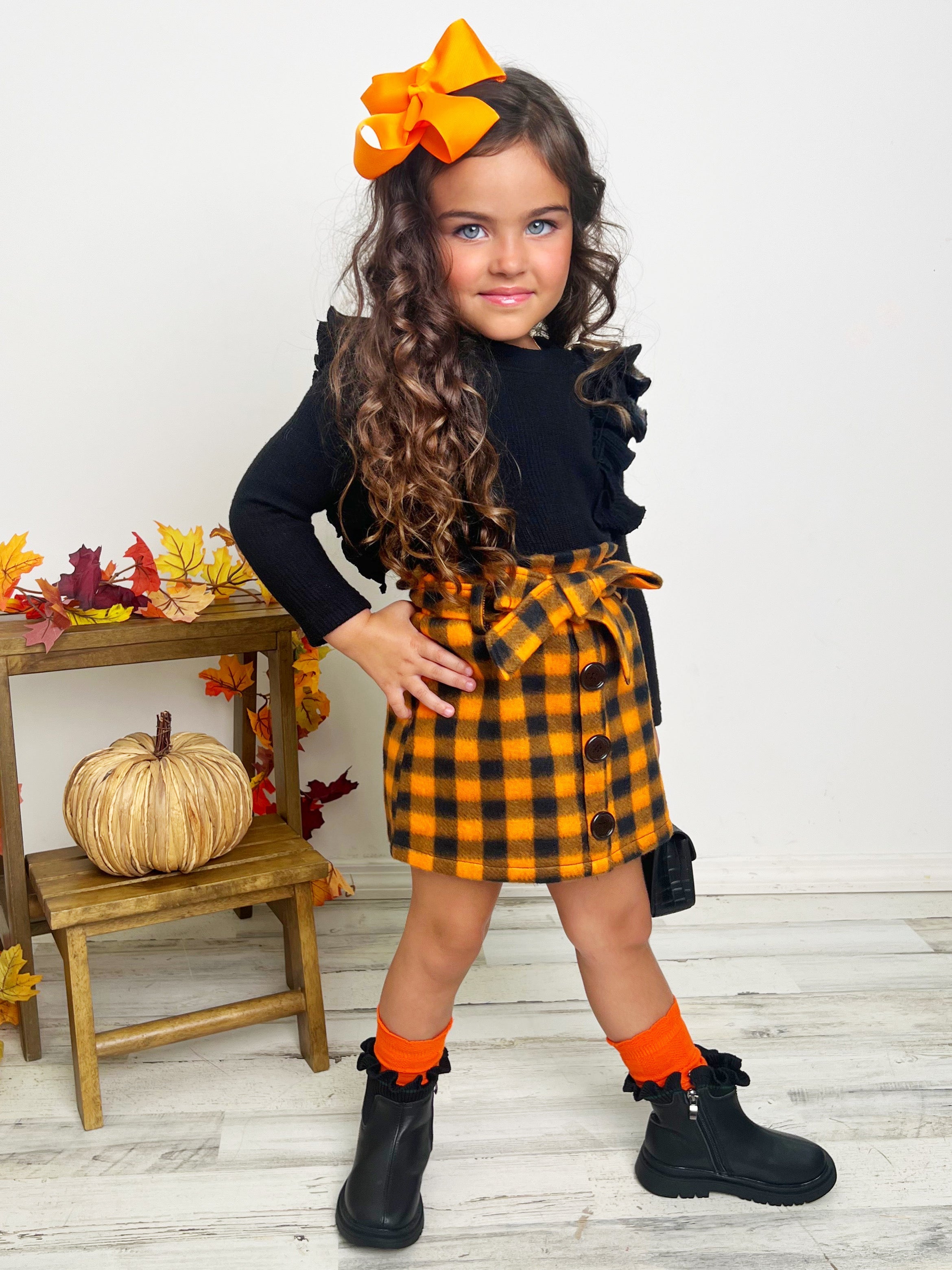 Mia Belle Girls Feels Like Fall Ruffled Top and Checkered Skirt Set SpadezStore