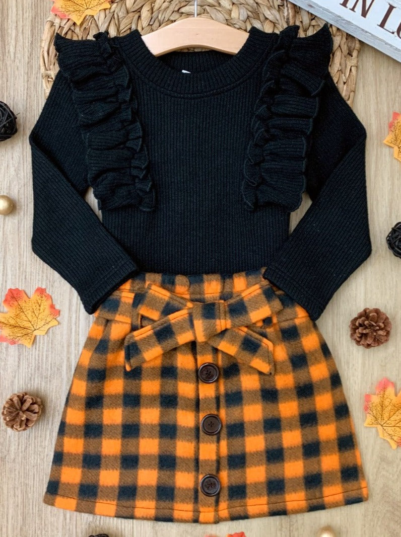 Mia Belle Girls Feels Like Fall Ruffled Top and Checkered Skirt Set SpadezStore