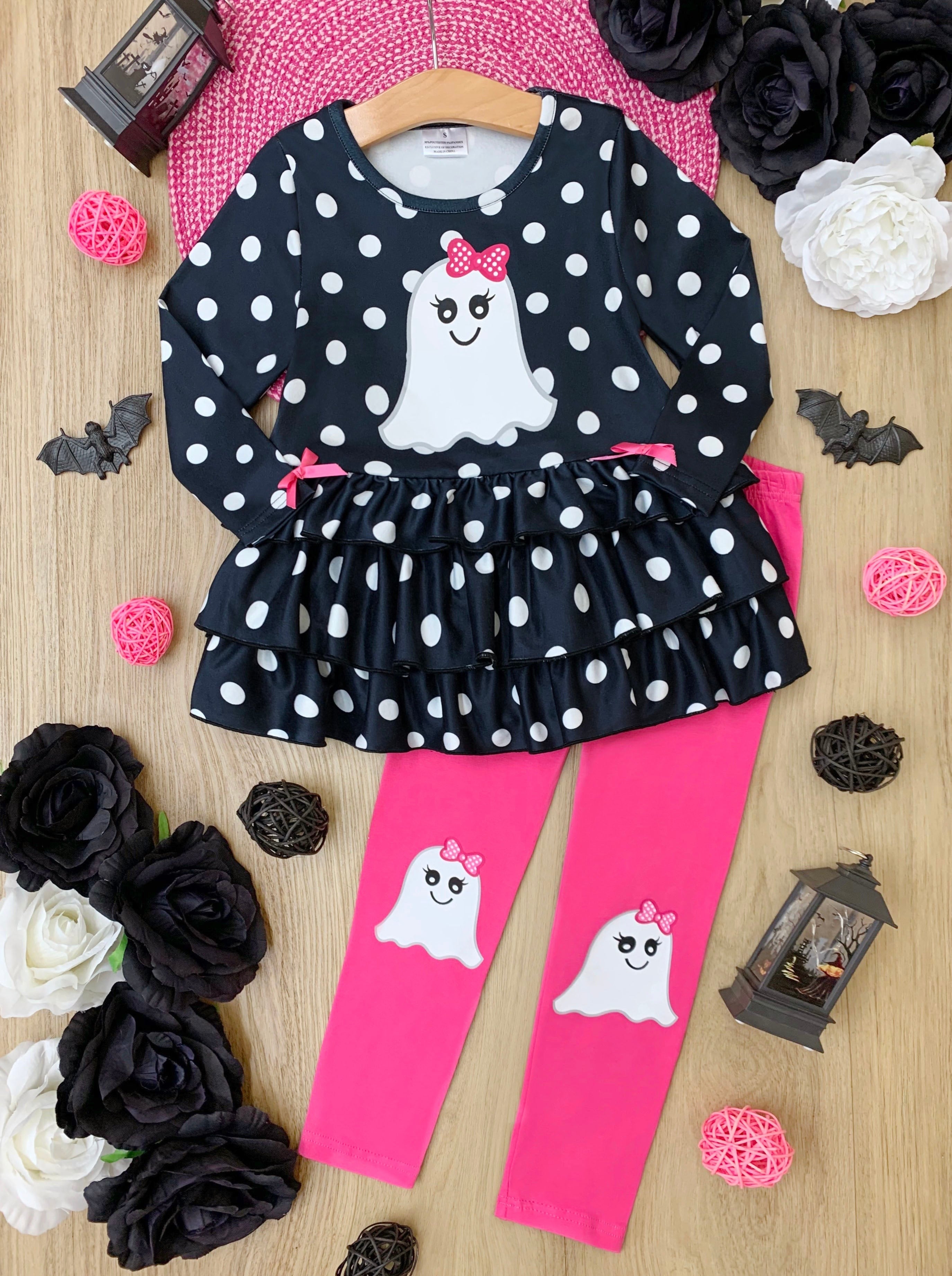 Mia Belle Girls Polka Dot Boos Ruffle Tunic and Legging Set SpadezStore