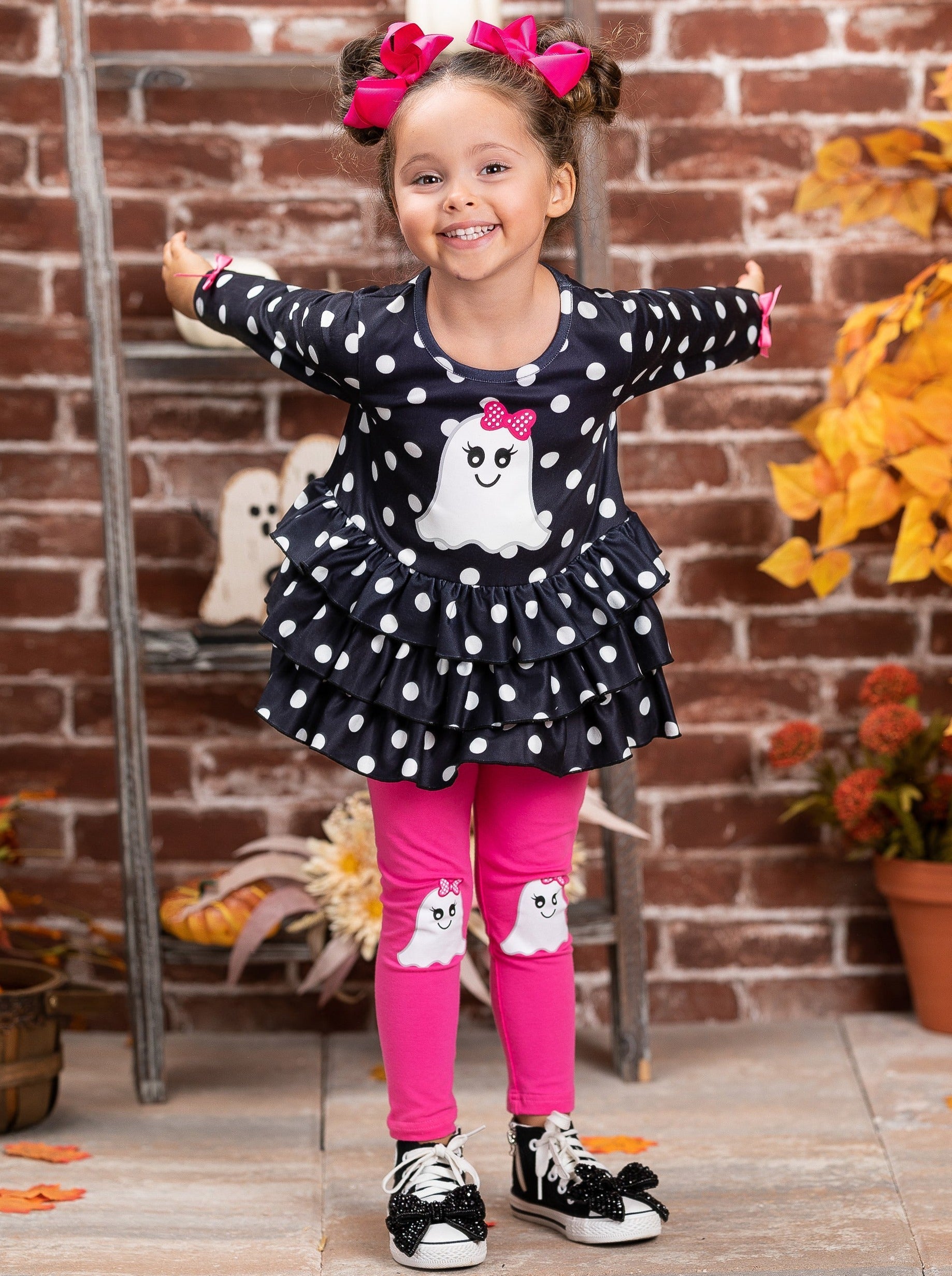 Mia Belle Girls Polka Dot Boos Ruffle Tunic and Legging Set SpadezStore