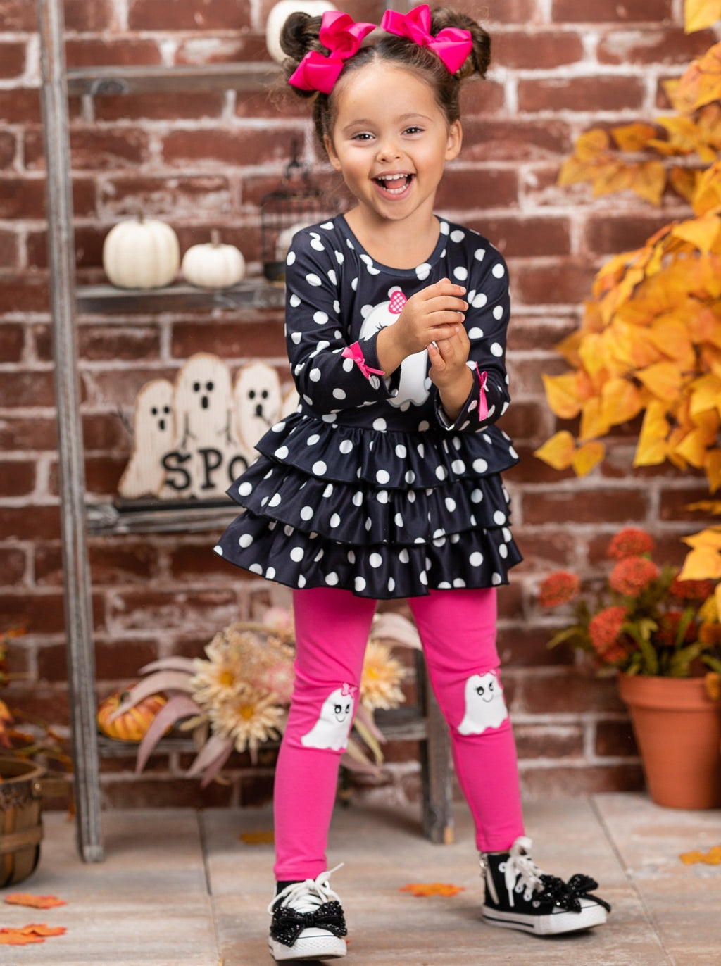 Mia Belle Girls Polka Dot Boos Ruffle Tunic and Legging Set SpadezStore