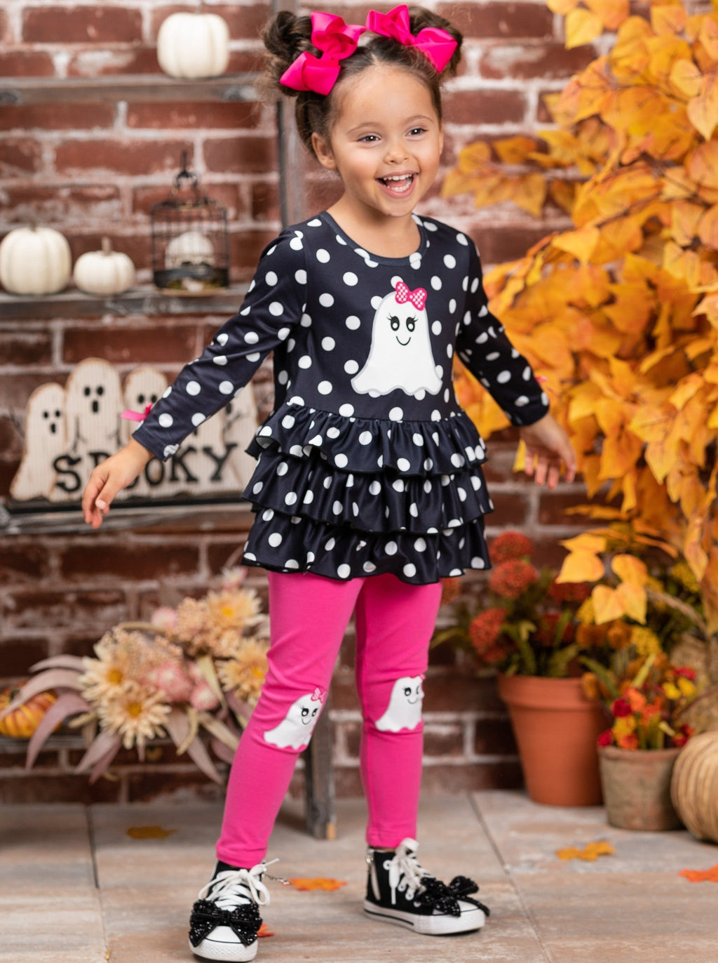 Mia Belle Girls Polka Dot Boos Ruffle Tunic and Legging Set SpadezStore