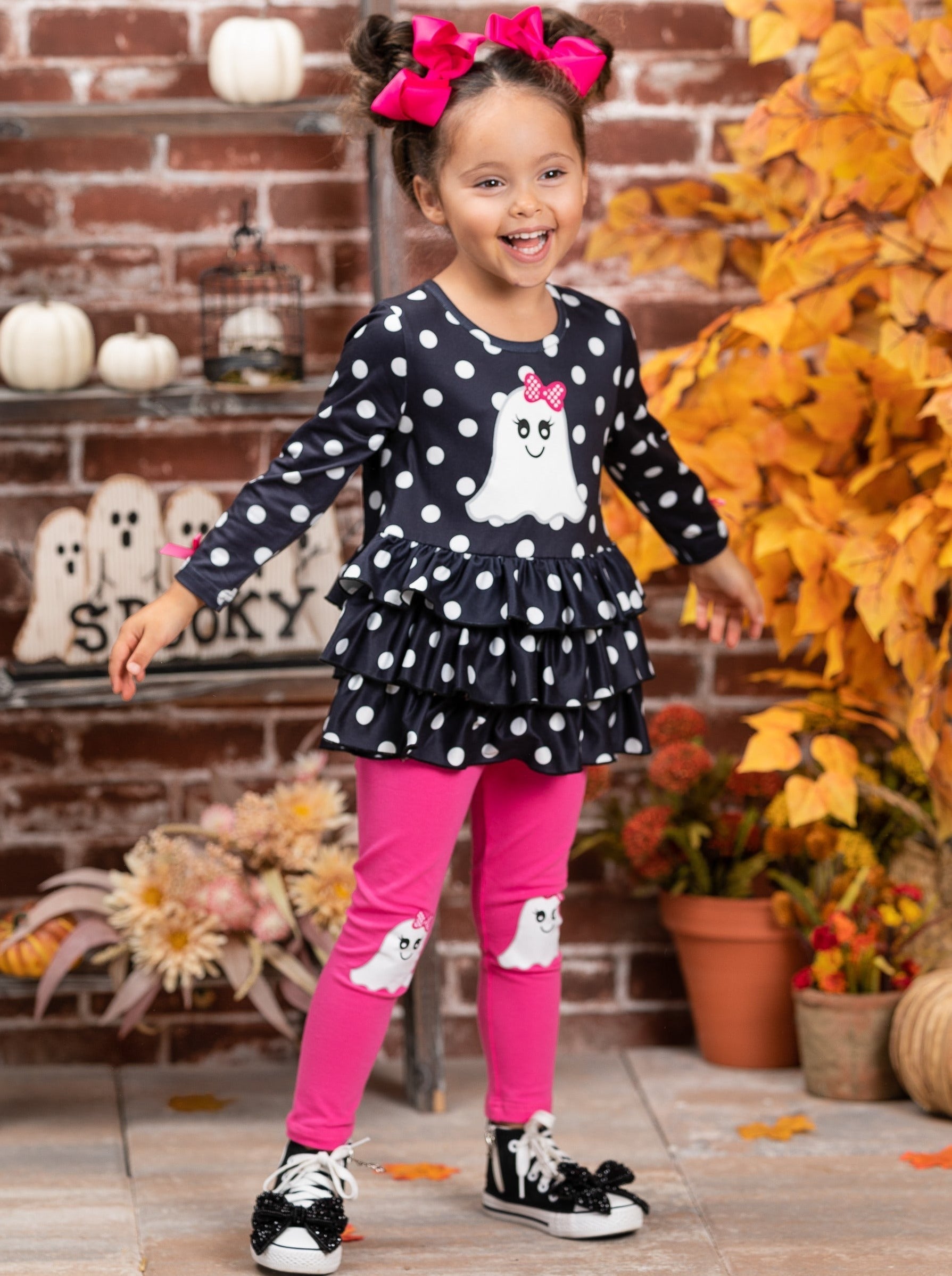 Mia Belle Girls Polka Dot Boos Ruffle Tunic and Legging Set