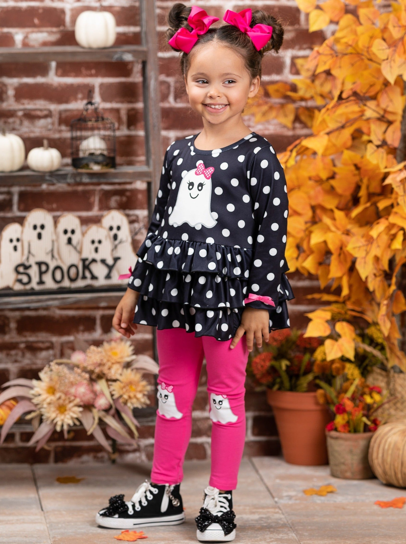 Mia Belle Girls Polka Dot Boos Ruffle Tunic and Legging Set SpadezStore