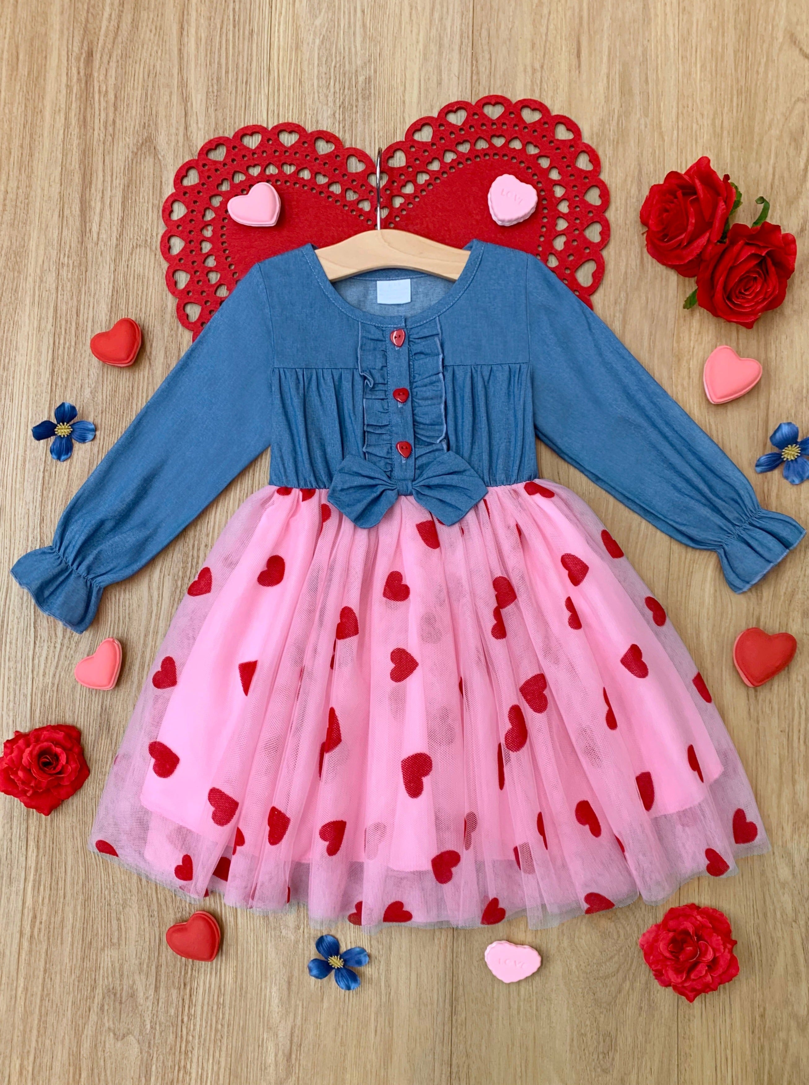 Mia Belle Girls Twirl Into My Heart Chambray Tutu Dress SpadezStore