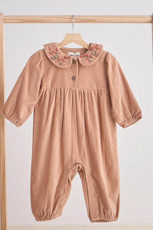 Beige Floral Embroidery Velveteen Girl Romper HDAW24004-beige SpadezStore