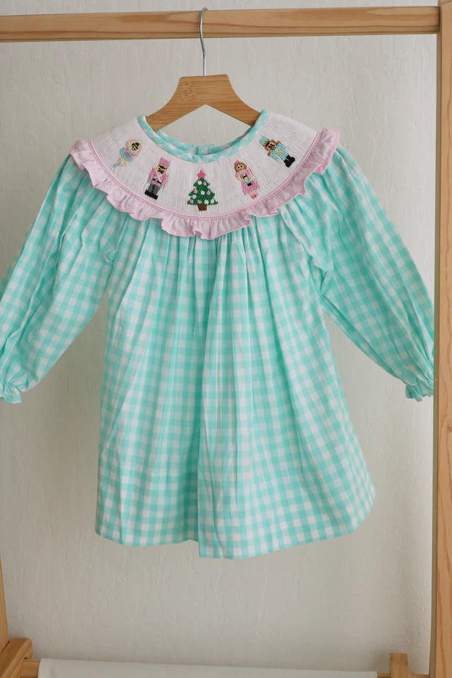 Honey Smocked Mint Christmas Nutcracker Hand Smocked Gingham Dress HS0012 SpadezStore