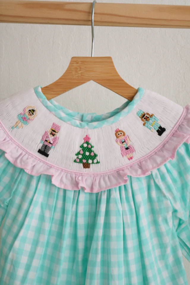 Honey Smocked Mint Christmas Nutcracker Hand Smocked Gingham Dress HS0012 SpadezStore