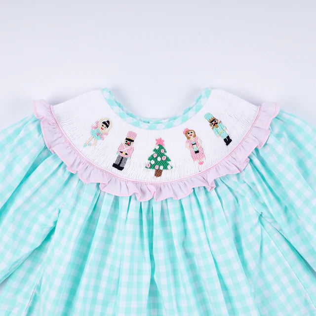 Honey Smocked Mint Christmas Nutcracker Hand Smocked Gingham Ruffle Pants Set HS0014 SpadezStore