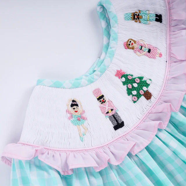 Honey Smocked Mint Christmas Nutcracker Hand Smocked Gingham Ruffle Pants Set HS0014 SpadezStore