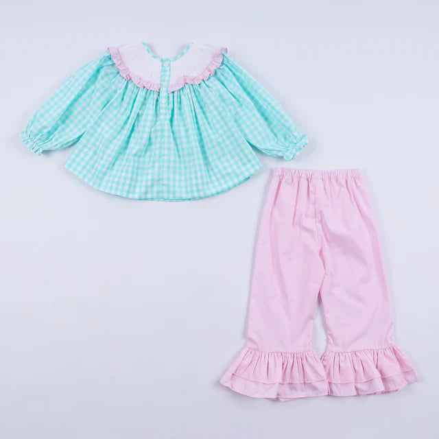 Honey Smocked Mint Christmas Nutcracker Hand Smocked Gingham Ruffle Pants Set HS0014 SpadezStore