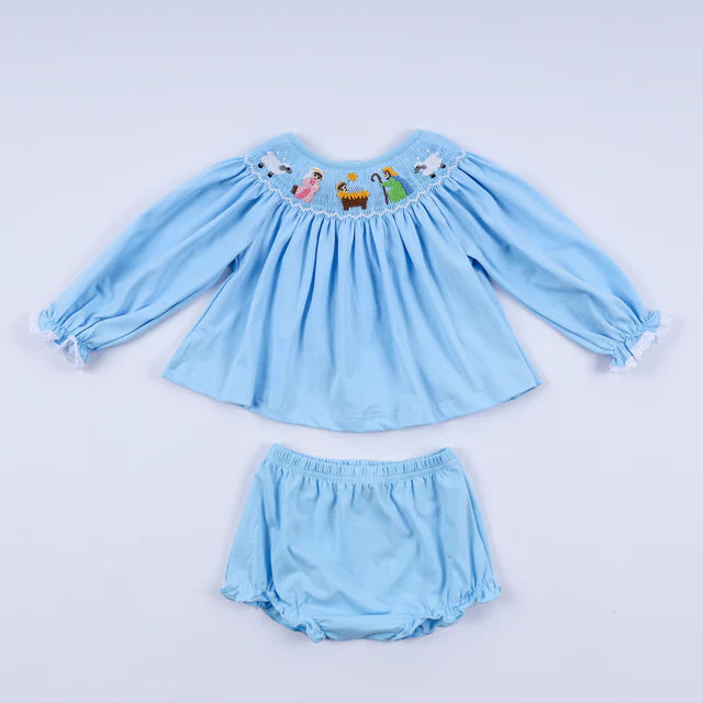 Honey Smocked Blue Nativity Hand Smocked Bloomer Set HS0032 SpadezStore