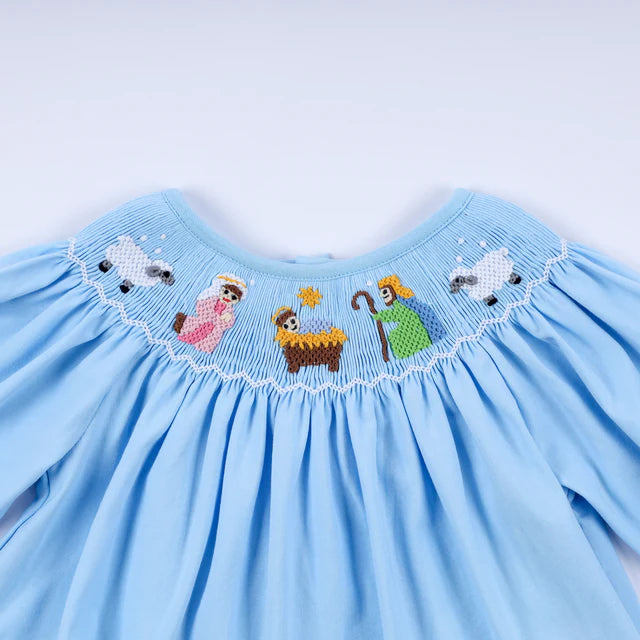 Honey Smocked Blue Nativity Hand Smocked Bloomer Set HS0032 SpadezStore