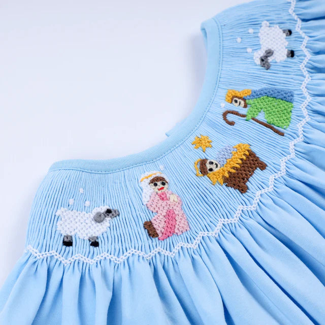 Honey Smocked Blue Nativity Hand Smocked Bloomer Set HS0032 SpadezStore