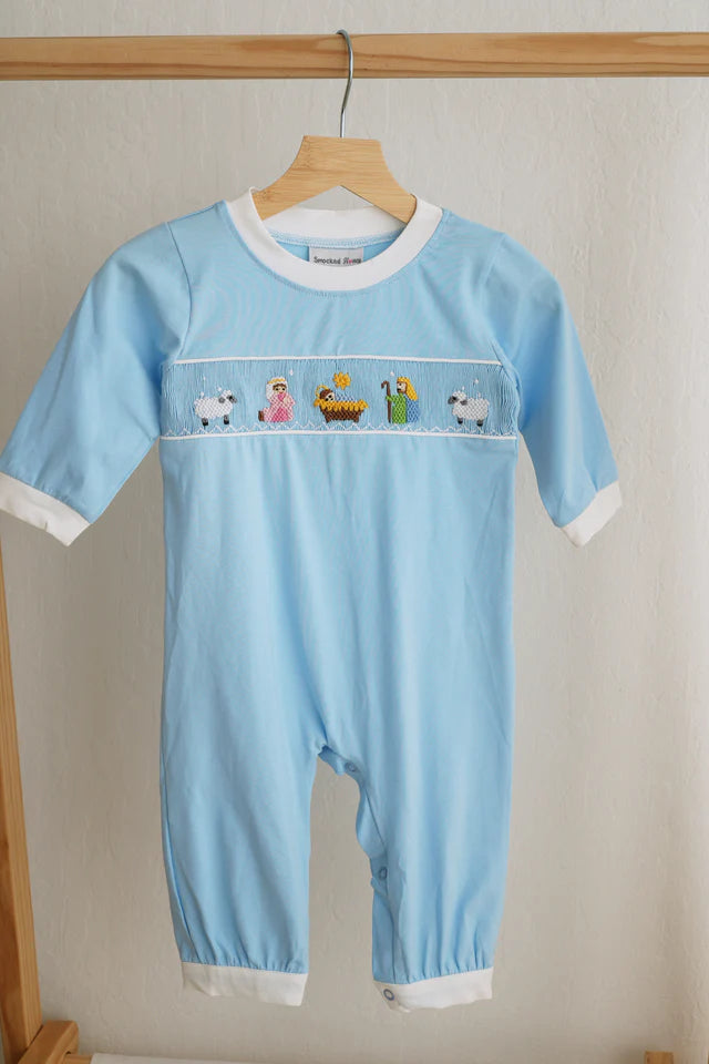 Honey Smocked Blue Nativity Hand Smocked Romper HS0035 SpadezStore