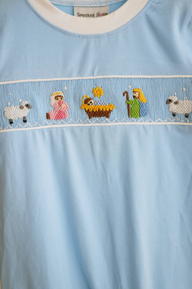 Honey Smocked Blue Nativity Hand Smocked Romper HS0035 SpadezStore