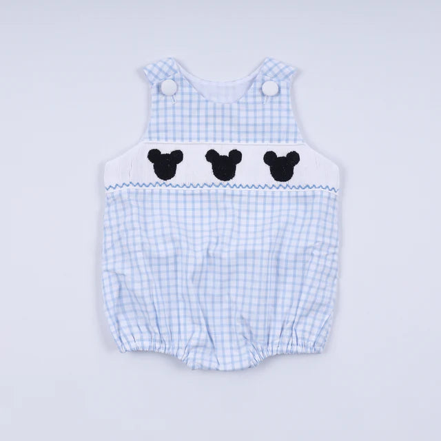 Honey Smocked Blue Character Hand Smocked Gingham Bubble Romper HS0039 SpadezStore