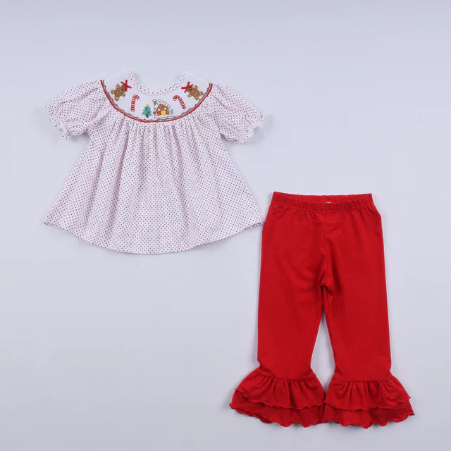 Honey Smocked Red Gingerbread Hand Smocked Ruffle Pants Set HS0049 SpadezStore